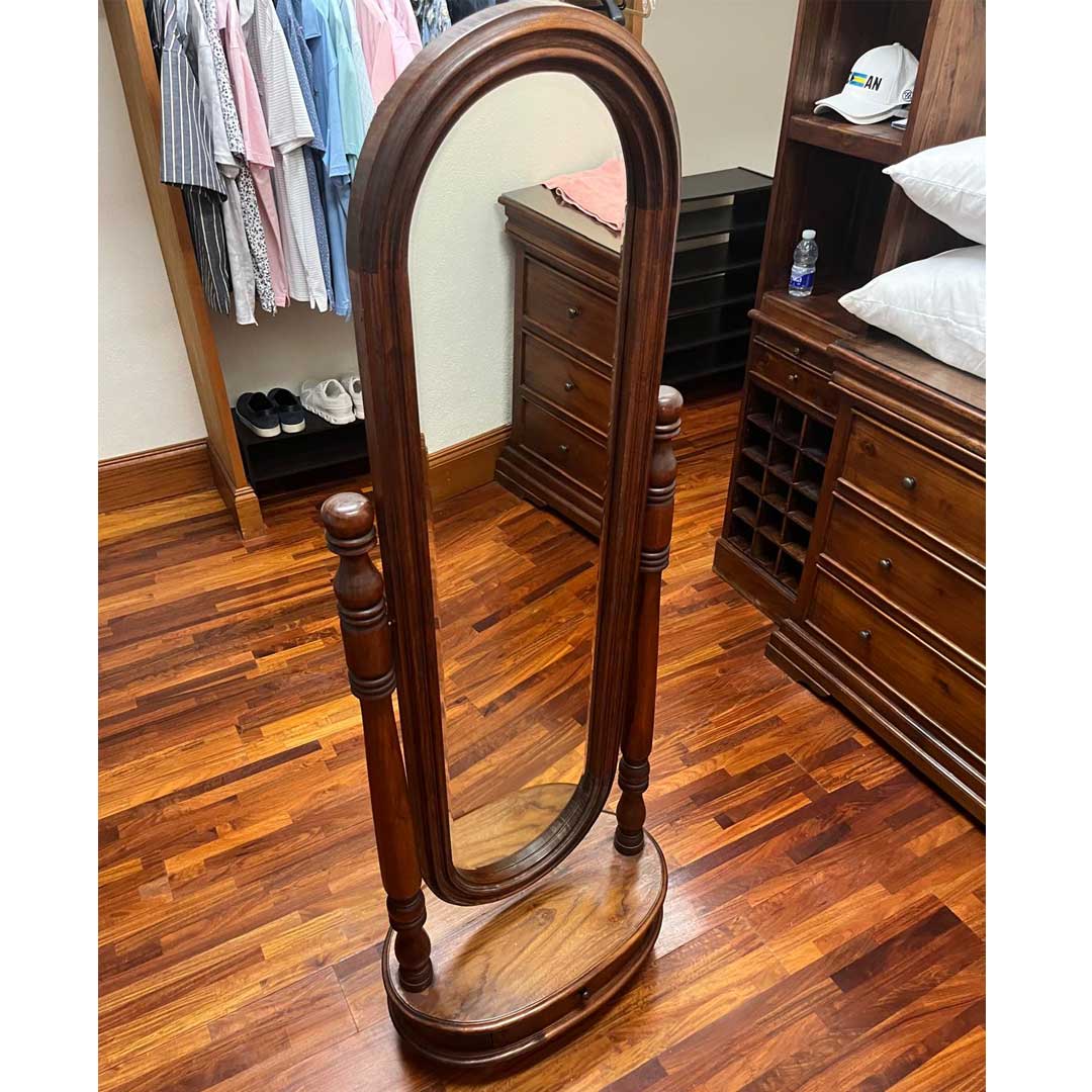 Mahogany Timber Oval Cheval Floor Mirror with Draw